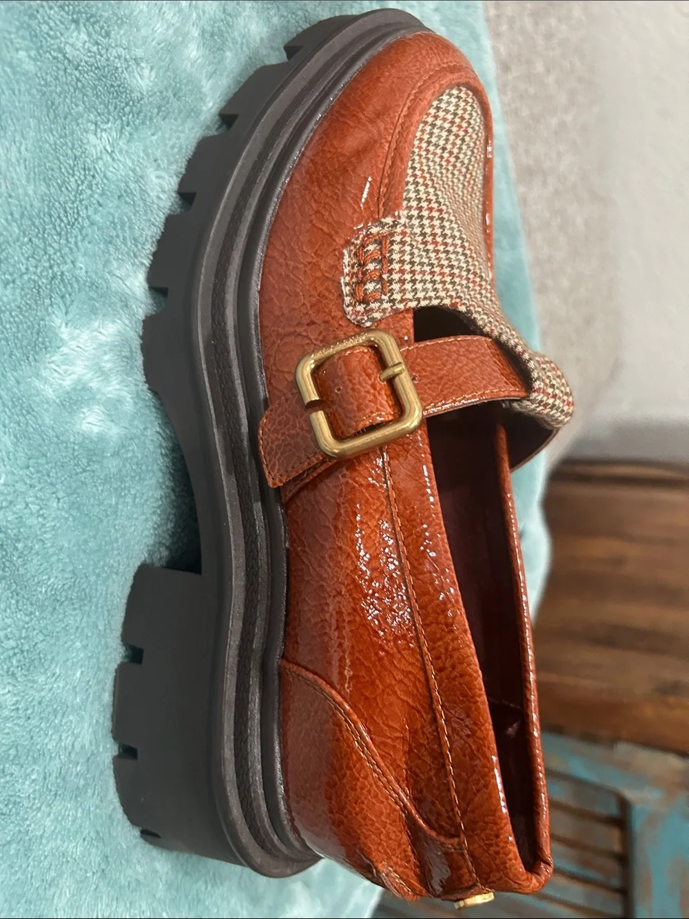 Sam Edelman Cognac Patent Leather & Houndstooth Lug Loafers